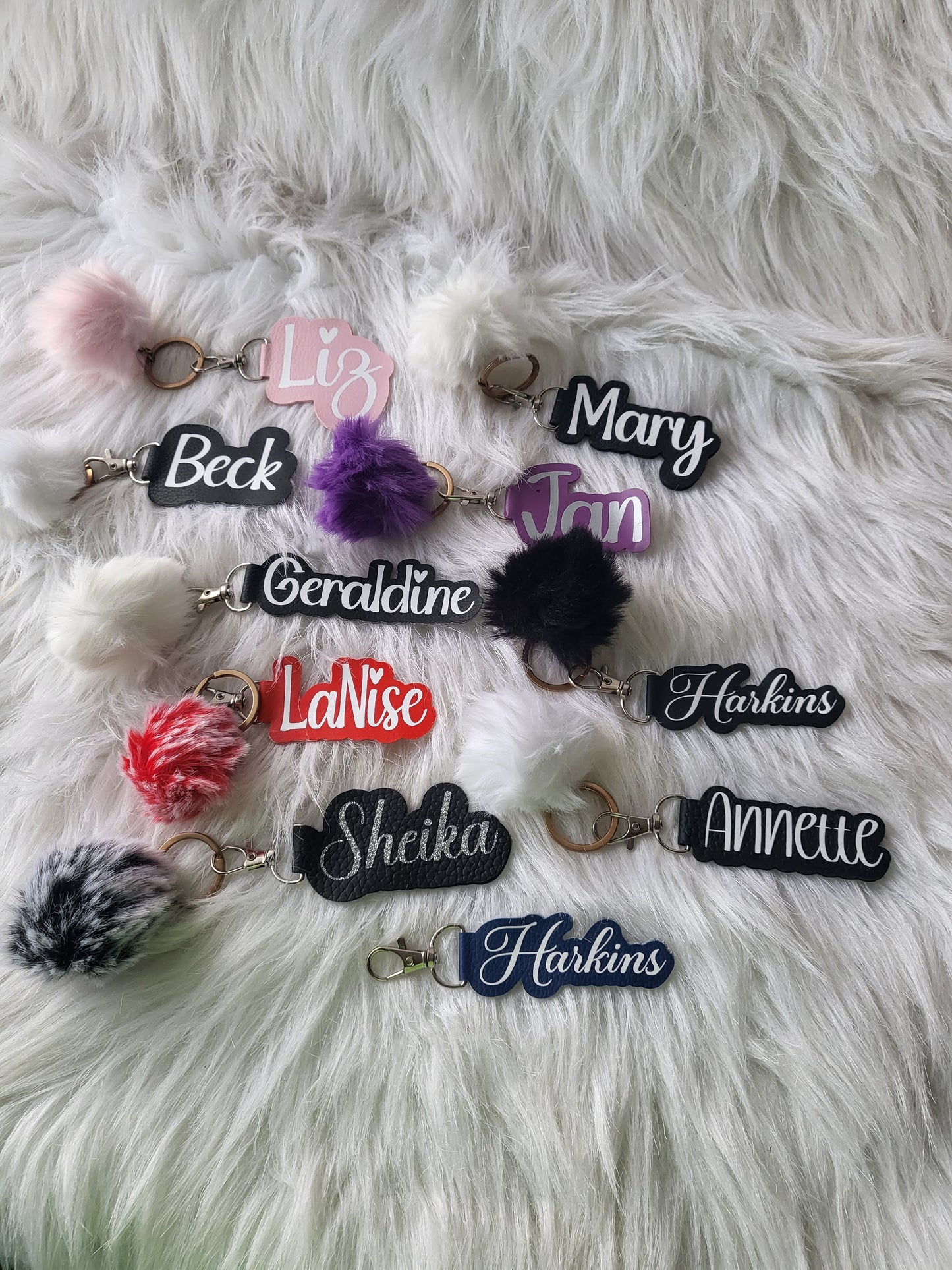 Personalized Faux Leather Keychain | Name Keychain with Pom Pom